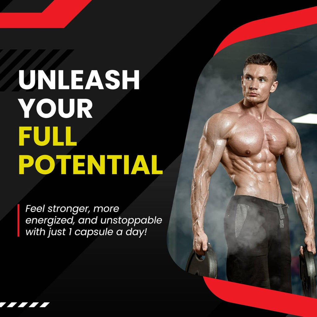 Horny goat weed with maca root dietary supplement promotional graphic with male figure