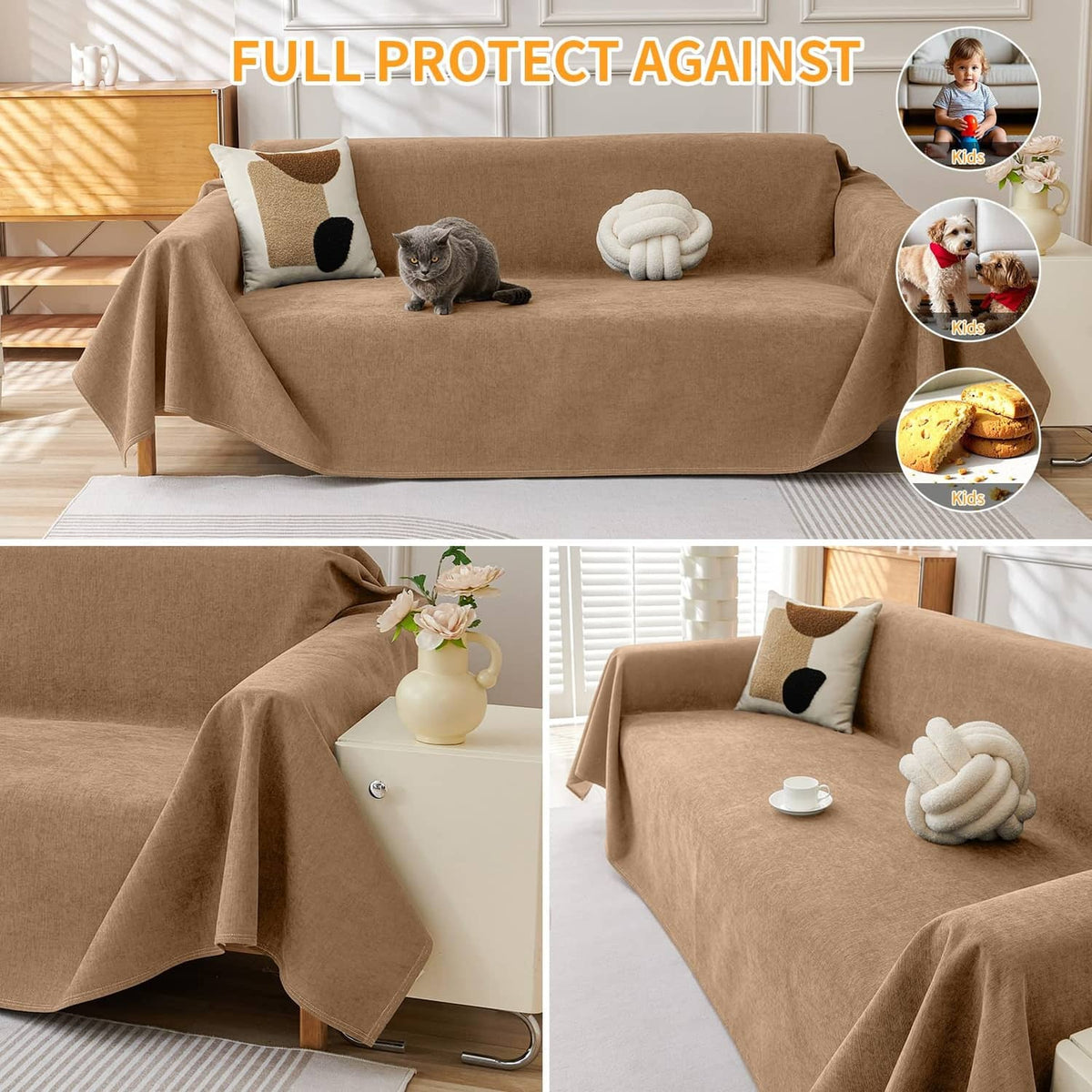Brown couch cover fully protecting sofa with pet-safe waterproof, washable design