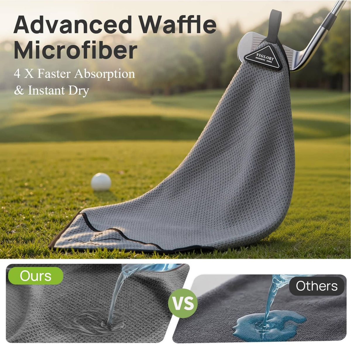 Grey waffle microfibre magnetic golf towel with metal clip, folded and hanging