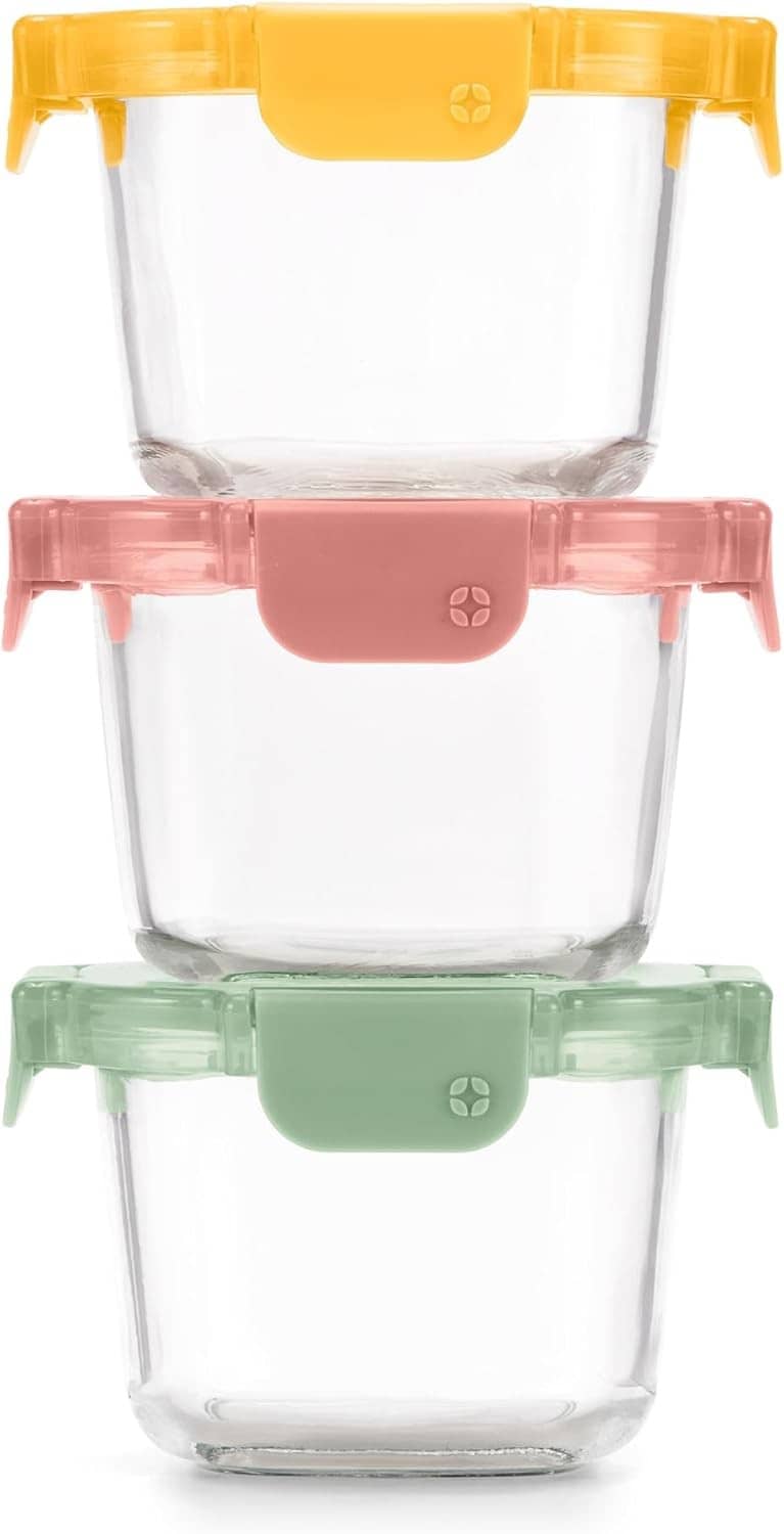 3-pack glass meal prep containers with yellow, pink, and green snap lids