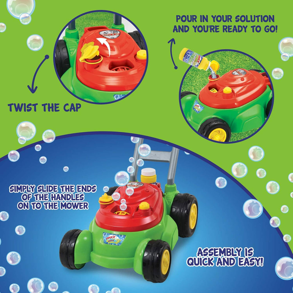 Bubble lawn mower toy showing twist-cap and bubble solution loading area