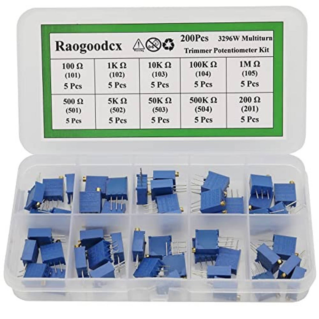 Multiturn trimmer potentiometer kit box with label panel and assorted blue pots