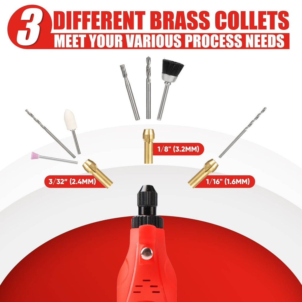 Red rotary tool with brass collets and bit sizes marked for different shanks