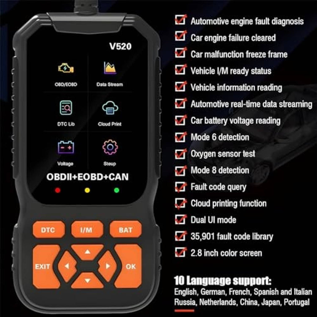 OBD2 diagnostic scanner with V520 screen, orange keys, and black housing