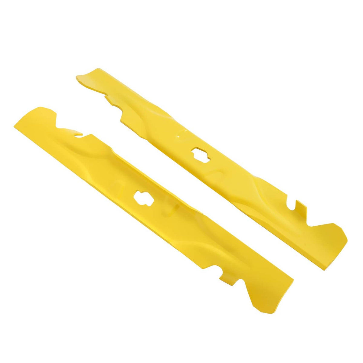 Two yellow mulching blades with notched edges and bolt holes