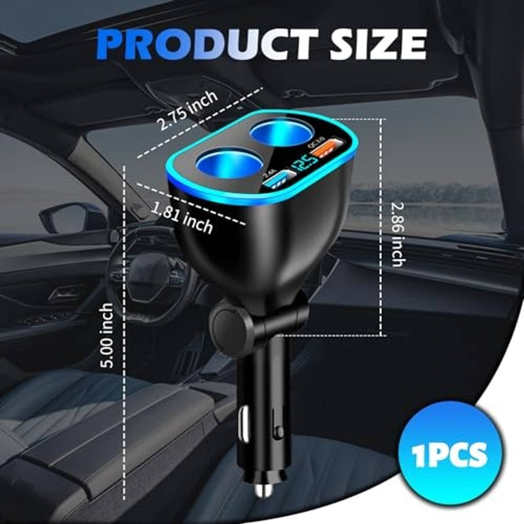 Car cigarette lighter splitter shown with size measurements and blue-top dual socket