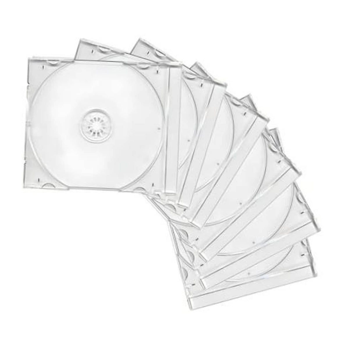 Set of 6 clear single CD jewel cases, with circular disc inserts