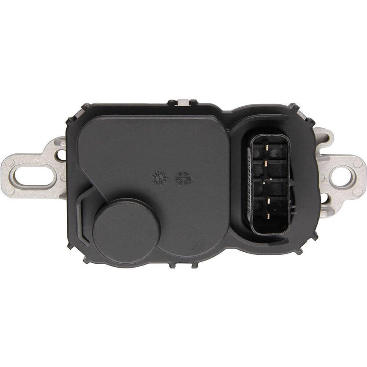 Fuel pump driver module showing black button cover and open electrical connector, silver base.