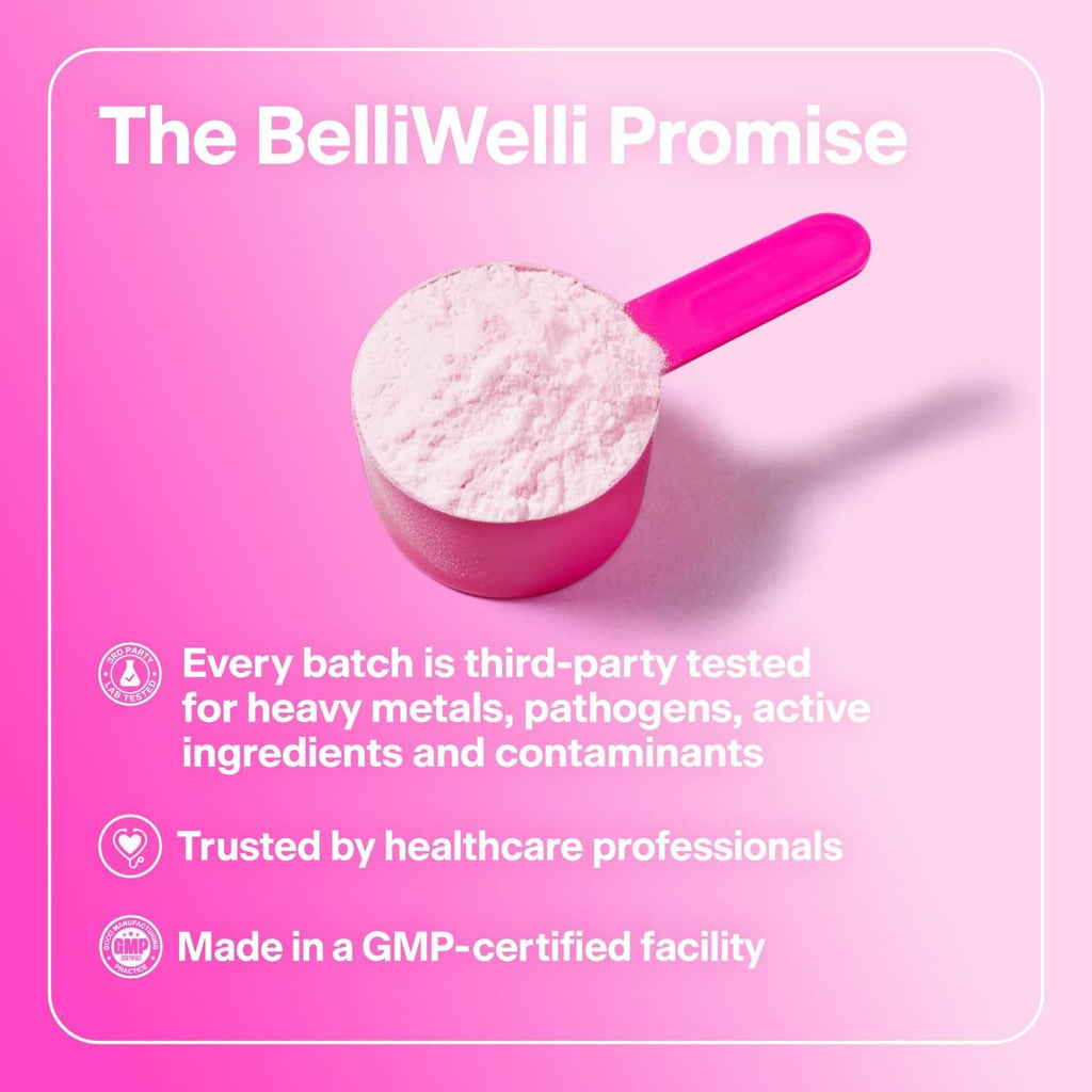 BelliWelli promise card showing scoop of powder and third-party testing text.