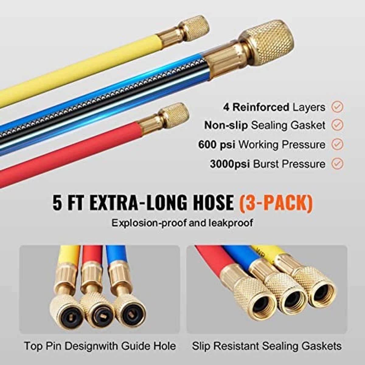 Extra-long AC manifold gauge hoses with gold connectors in blue and red lines
