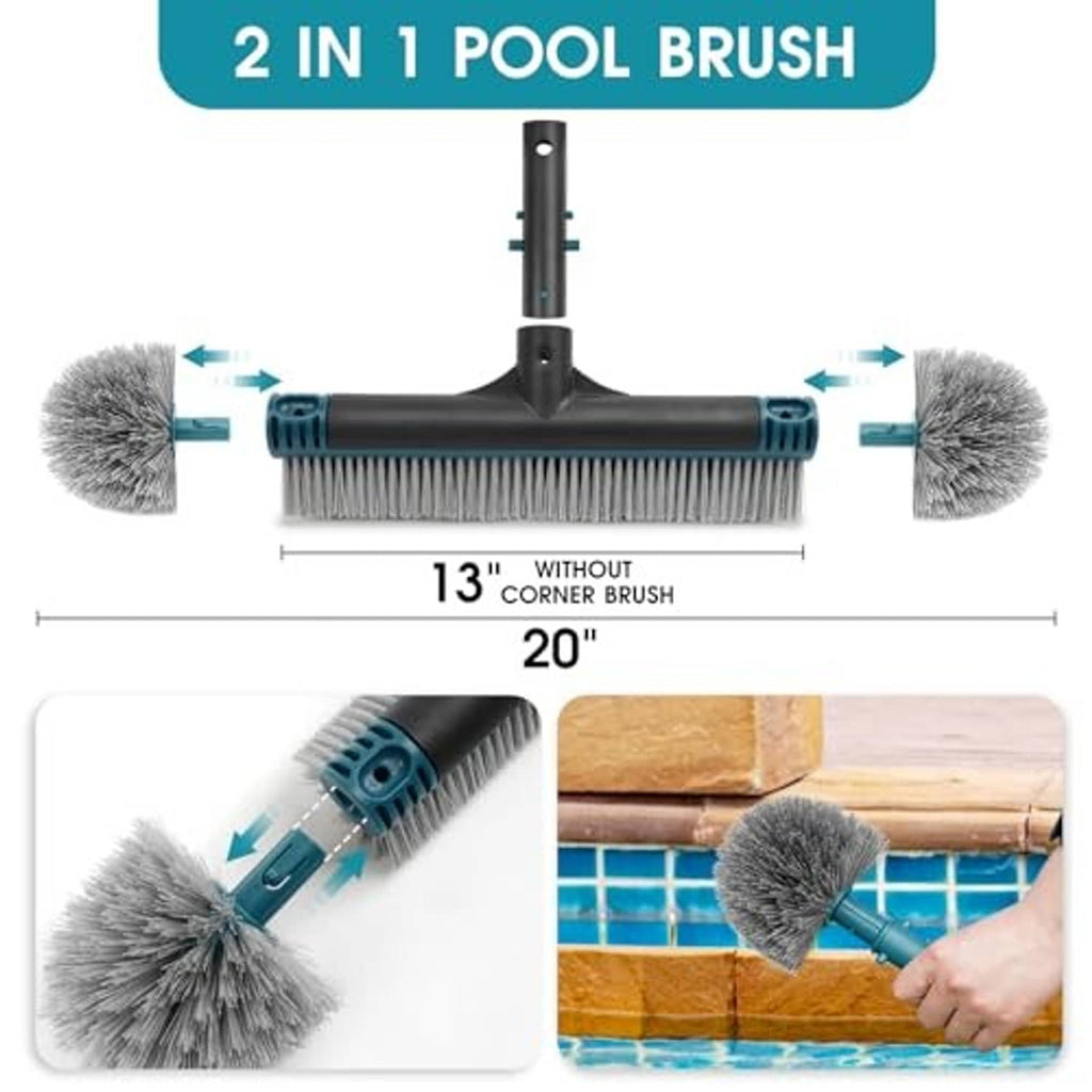 Two-piece pool brush with teal side brushes and a gray bristle cleaning strip