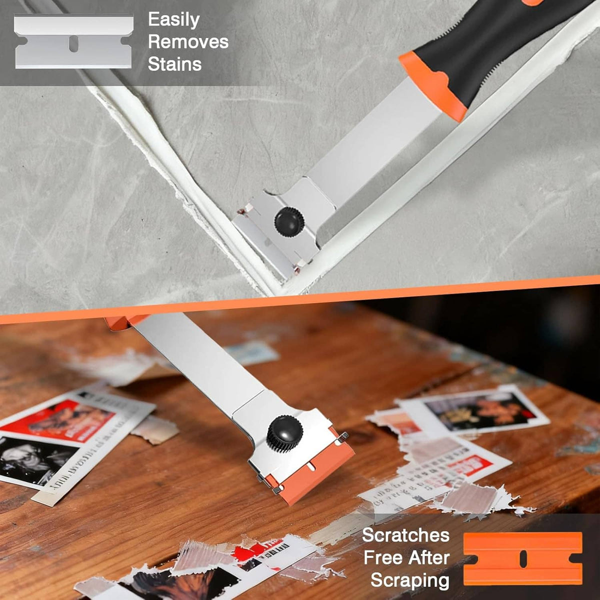 Long-handled razor scraper tool with black handle and orange blade cartridge