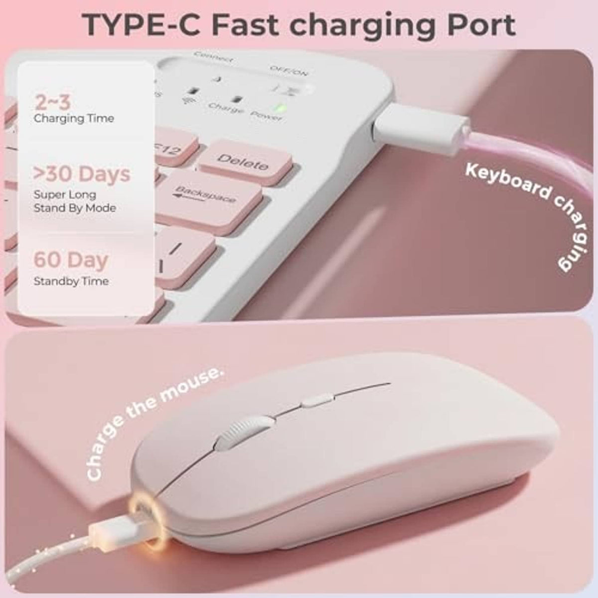 Pink keyboard case featuring Type-C fast charging port and built-in mouse charging