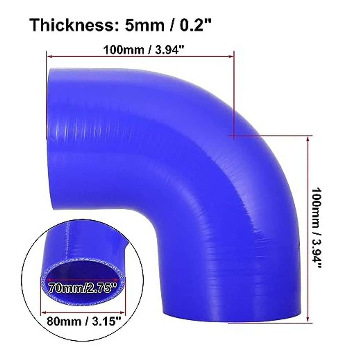 Blue 90-degree silicone hose elbow reducer, side view of the curved section.