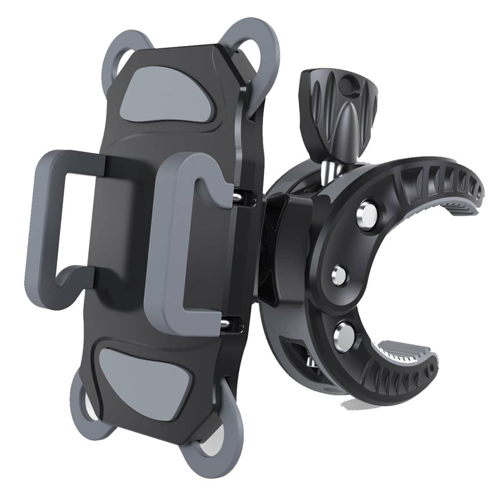 Compact phone holder clip for slim mic stands, grey clamp with adjustable mount
