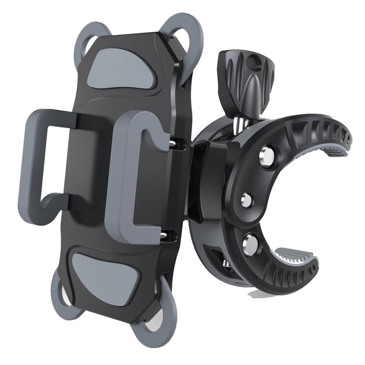 Compact phone holder clip for slim mic stands, grey clamp with adjustable mount