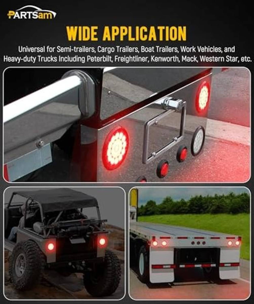 LED trailer light mounted on truck and trailer, red circular lens with white backup