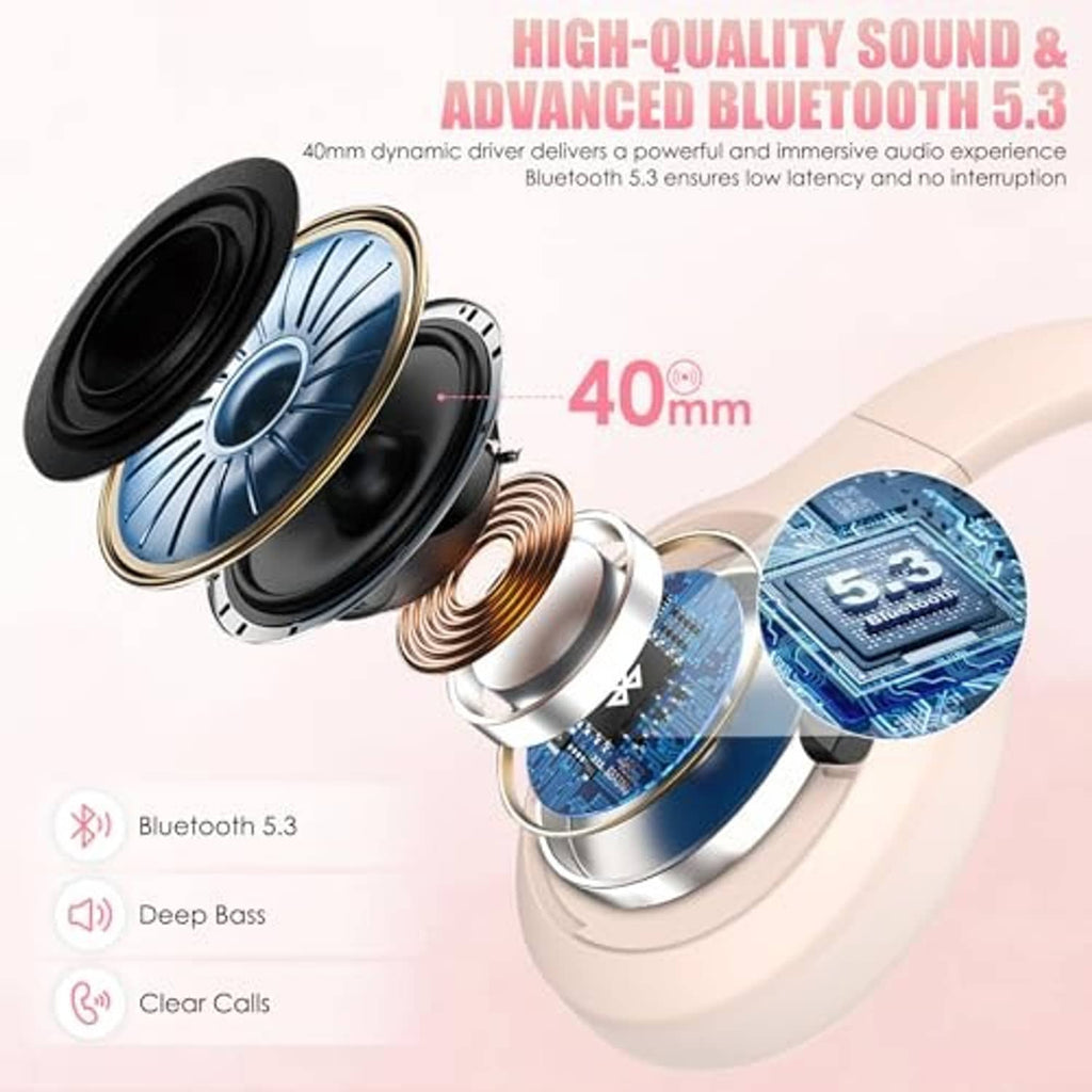 Light pink over-ear headphones with exposed driver parts and Bluetooth audio components