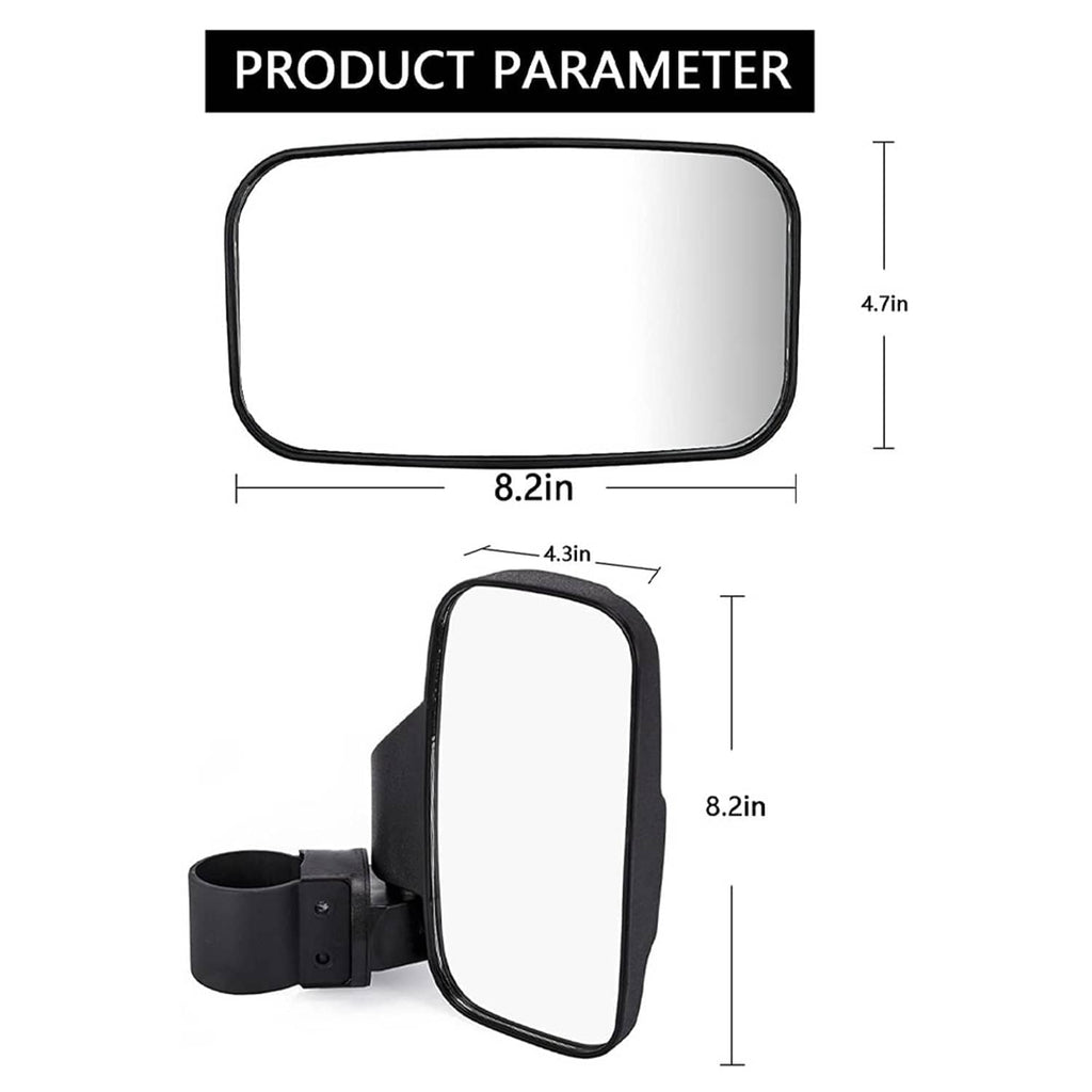 UTV mirror dimensions diagram with center mirror and side mirror size shown in inches