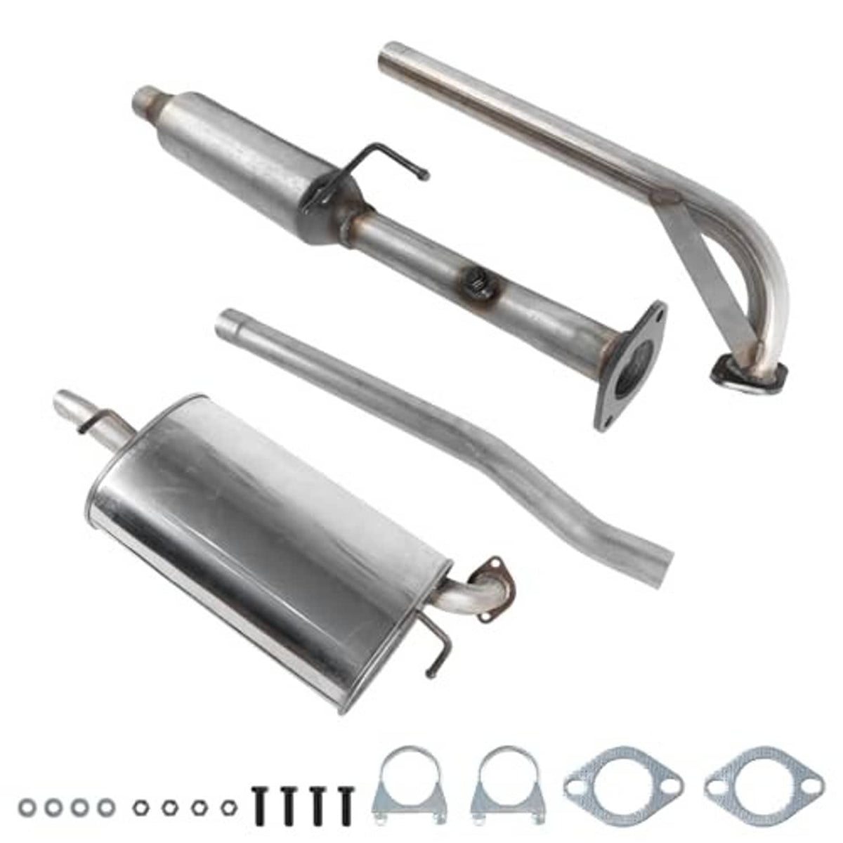 Stainless steel muffler, resonator canisters, and curved exhaust pipe kit with hangers