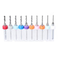 10-piece PCB tungsten carbide drill bit set with 1.1–2.0mm bits, colored caps, plastic holder