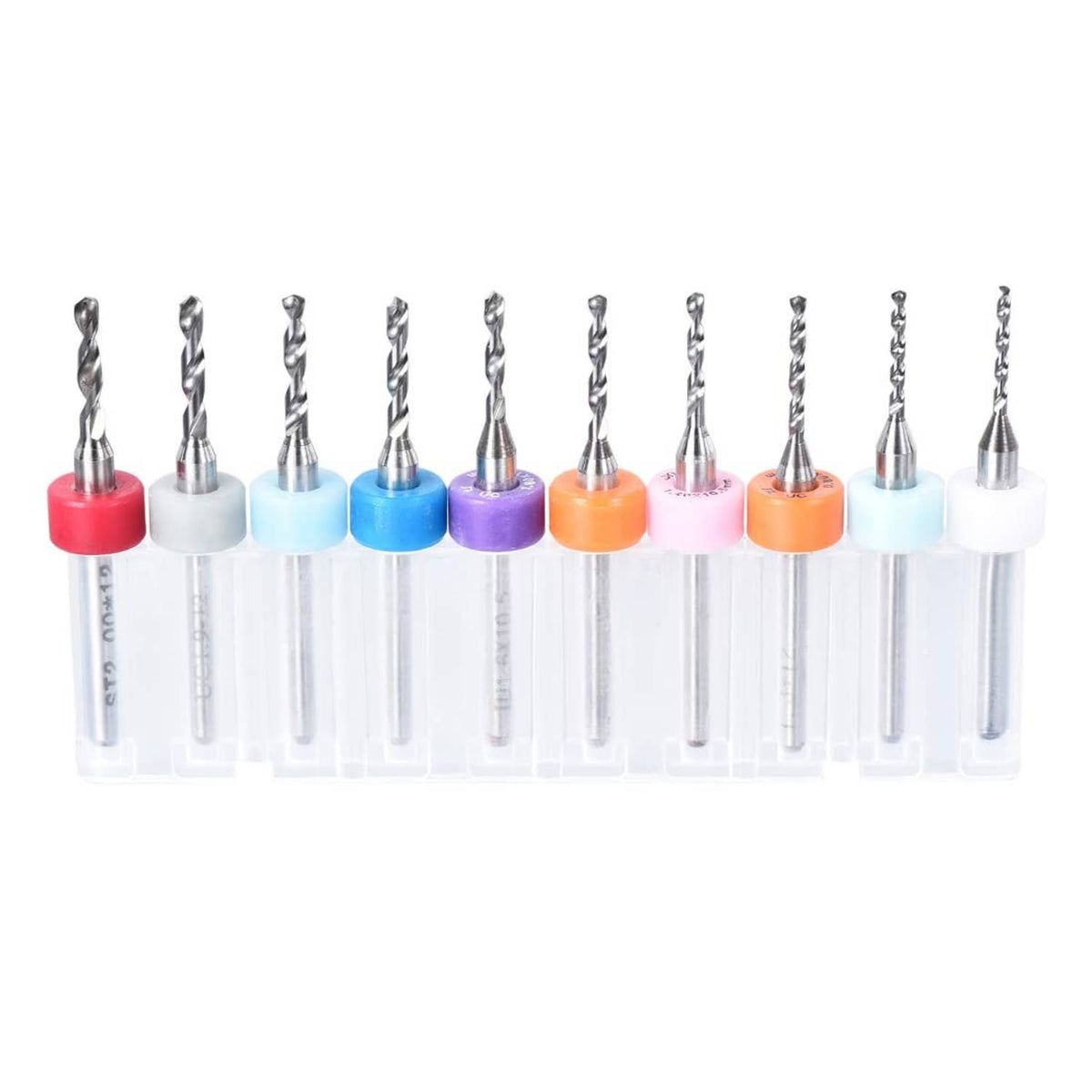 10-piece PCB tungsten carbide drill bit set with 1.1–2.0mm bits, colored caps, plastic holder