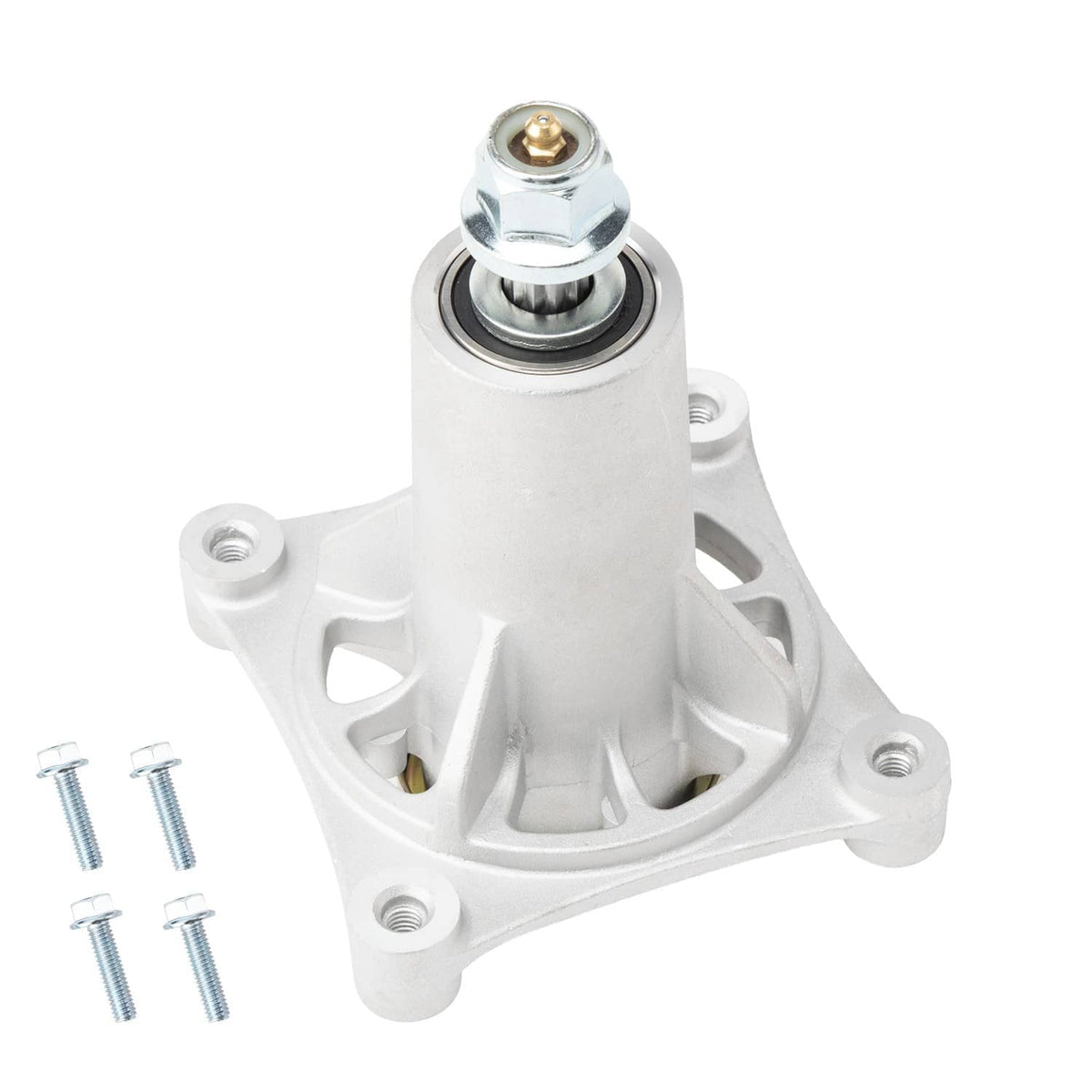 Spindle assembly with mounting base plate and bolts, silver metal construction