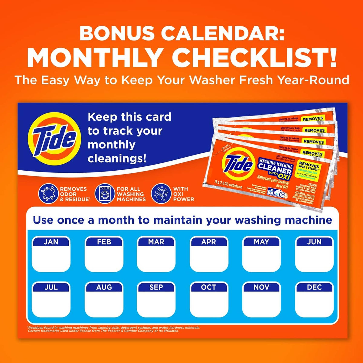 Tide washing machine cleaner bonus calendar card with monthly checklist graphic