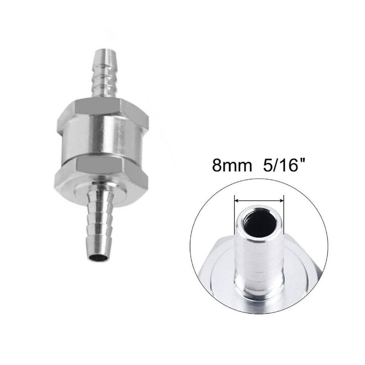 Single 8mm fuel line one-way check valve with barbed port and circular outlet opening
