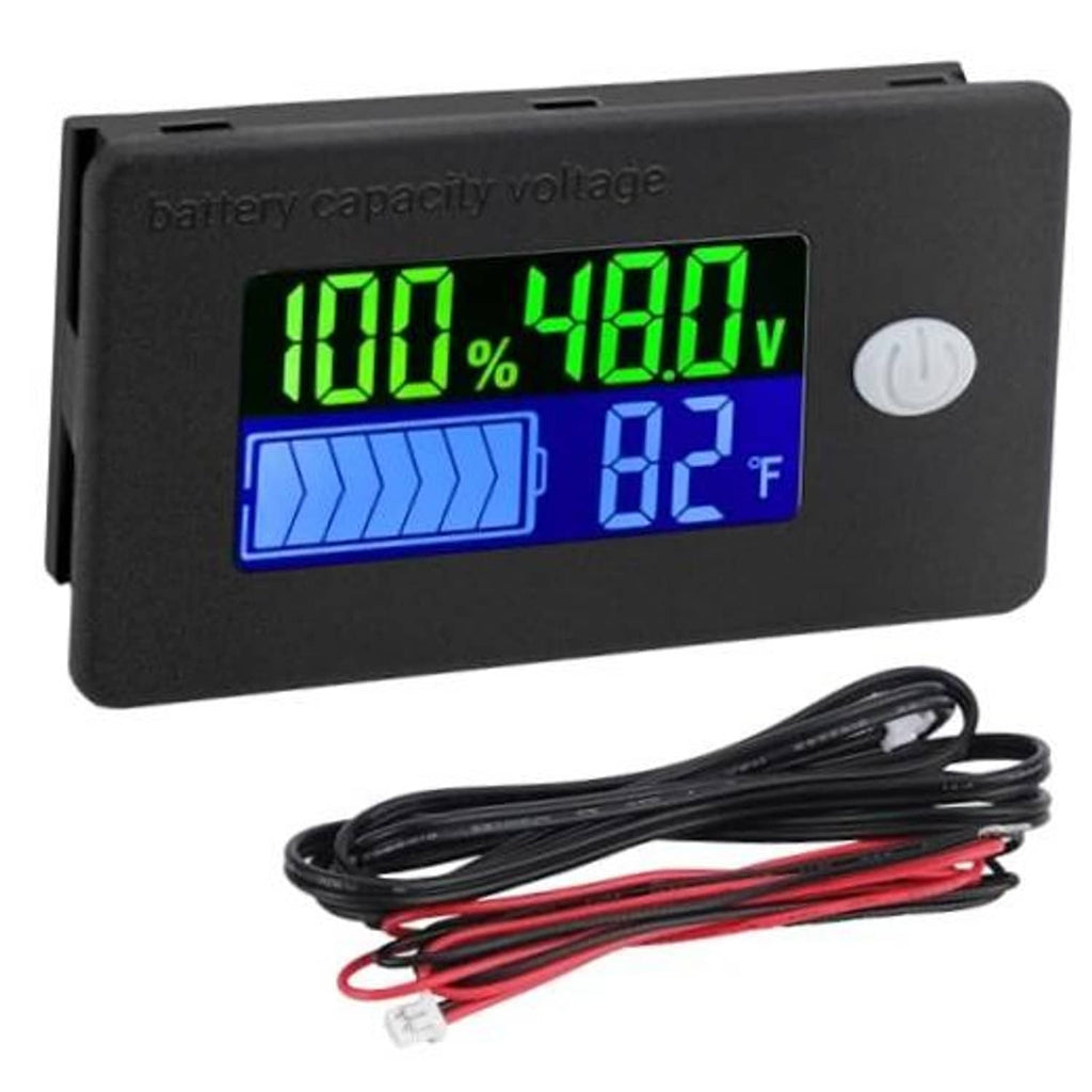 48V golf cart battery voltage meter with LCD showing 100% and 48.0V