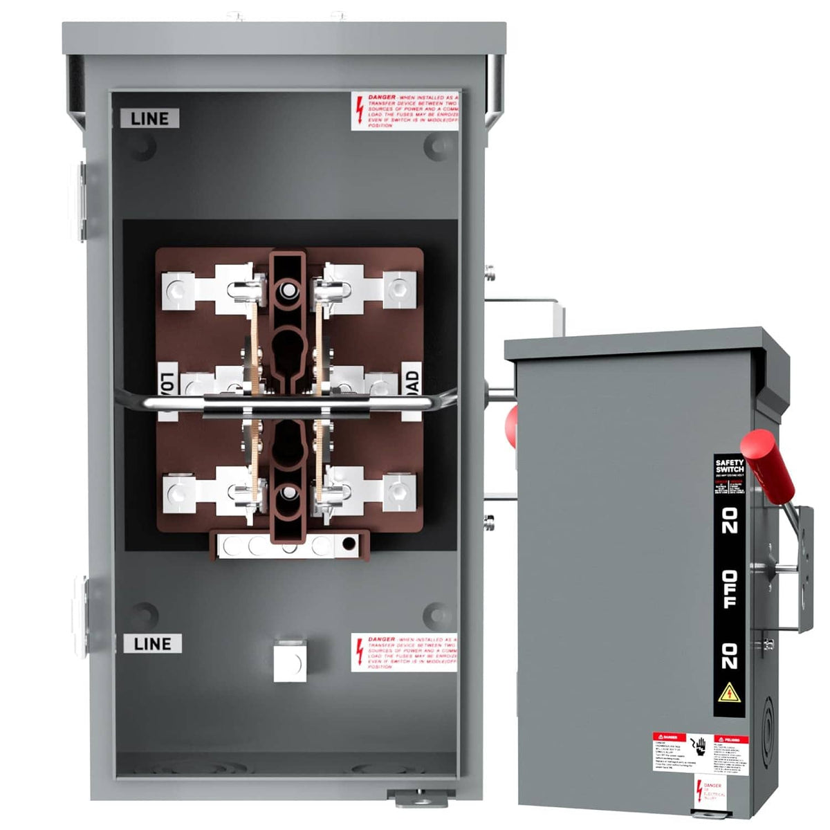 Manual power transfer switch enclosure with open interior and double-throw switch components