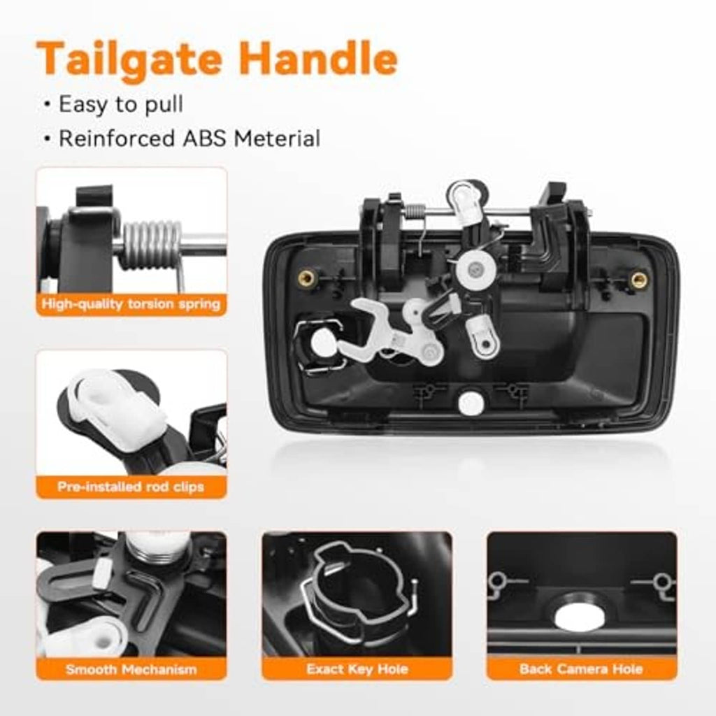 Tailgate handle assembly with internal mechanism, keyhole, and camera opening