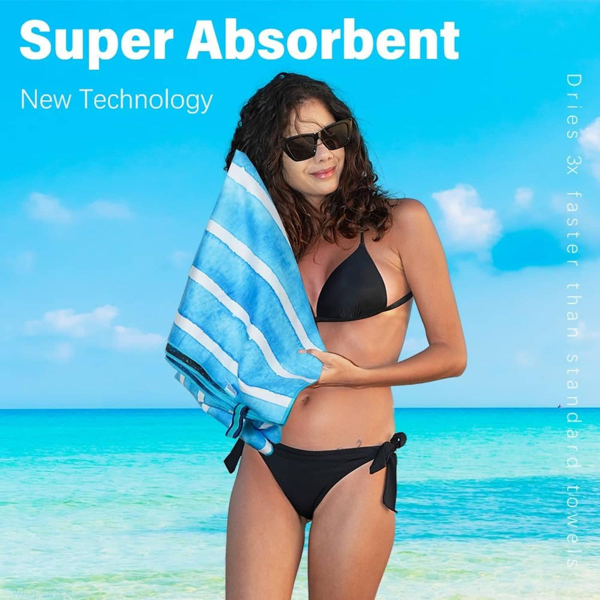 Blue and white striped microfiber towel draped over a bikini-clad person on a beach