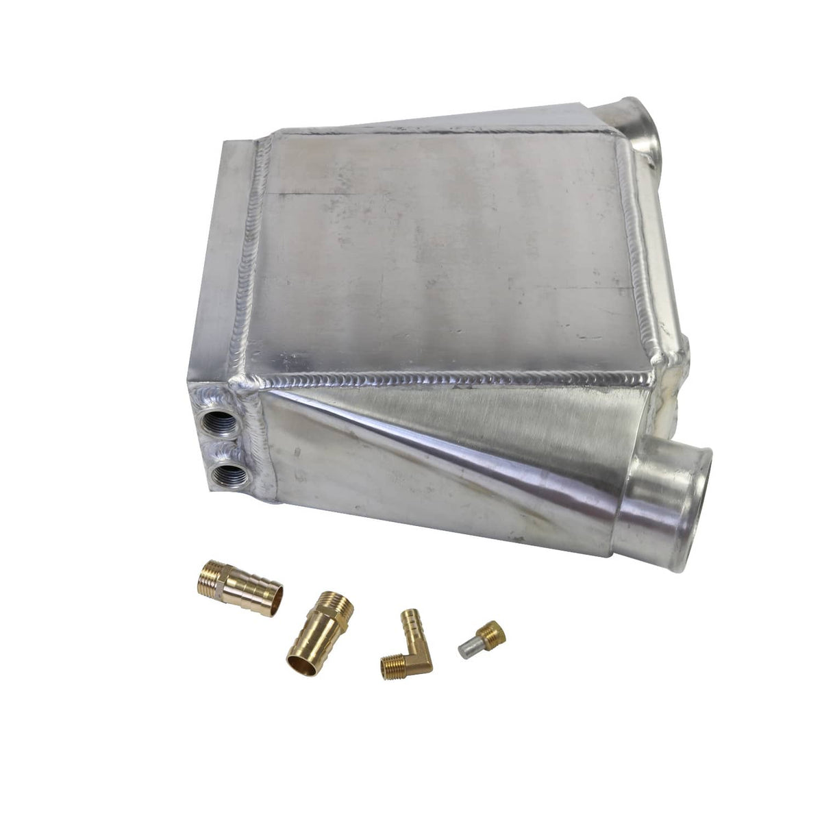 Aluminum intercooler with end outlet port and brass connection fittings