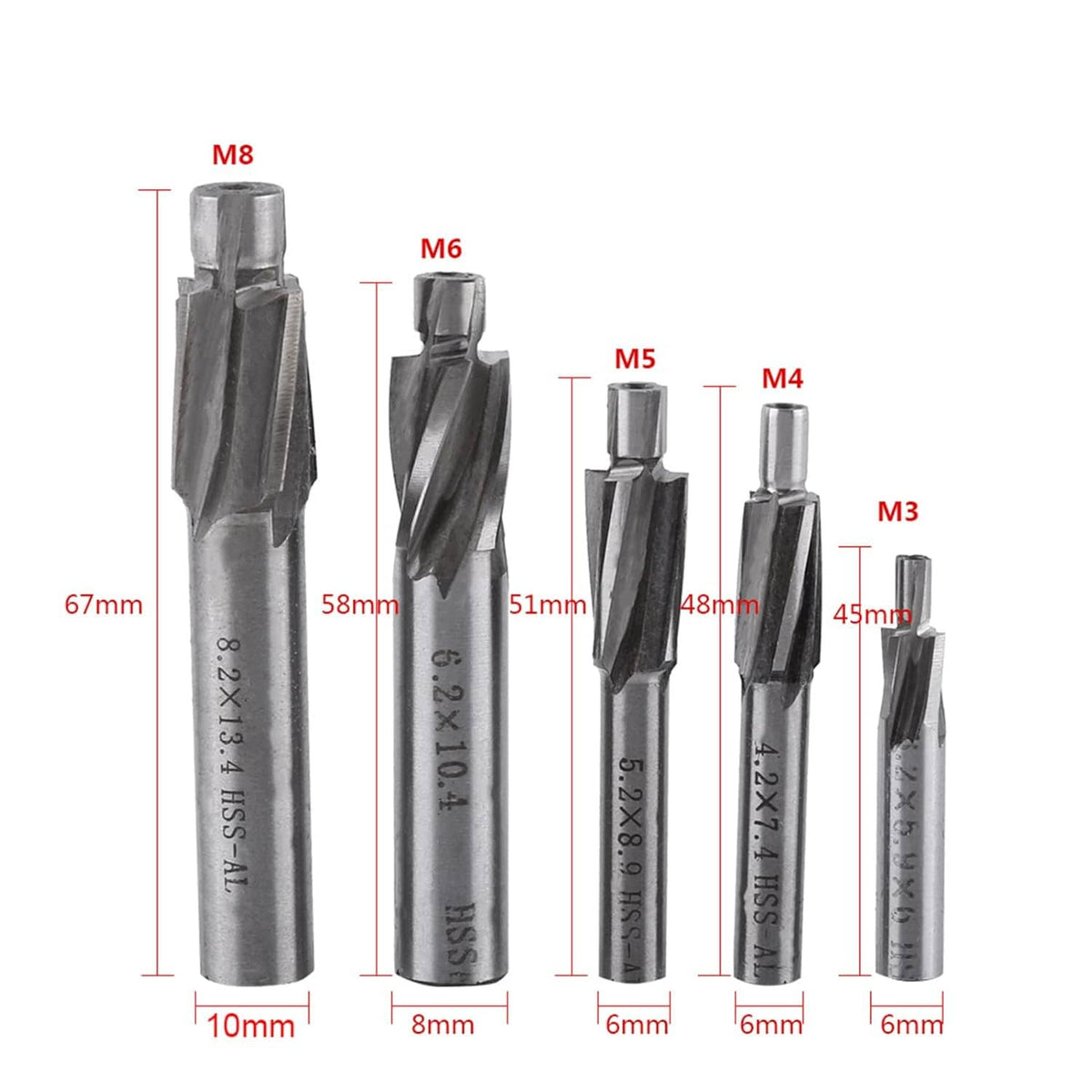 Five counterbore drill bits shown with size labels M8 to M3 and straight shanks