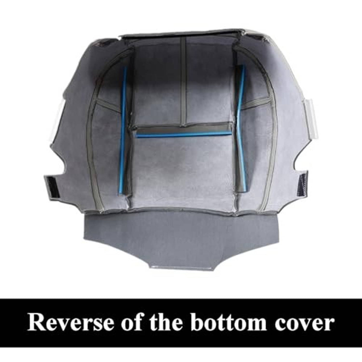 Gray underside of seat bottom cover with straps and reinforced attachment points