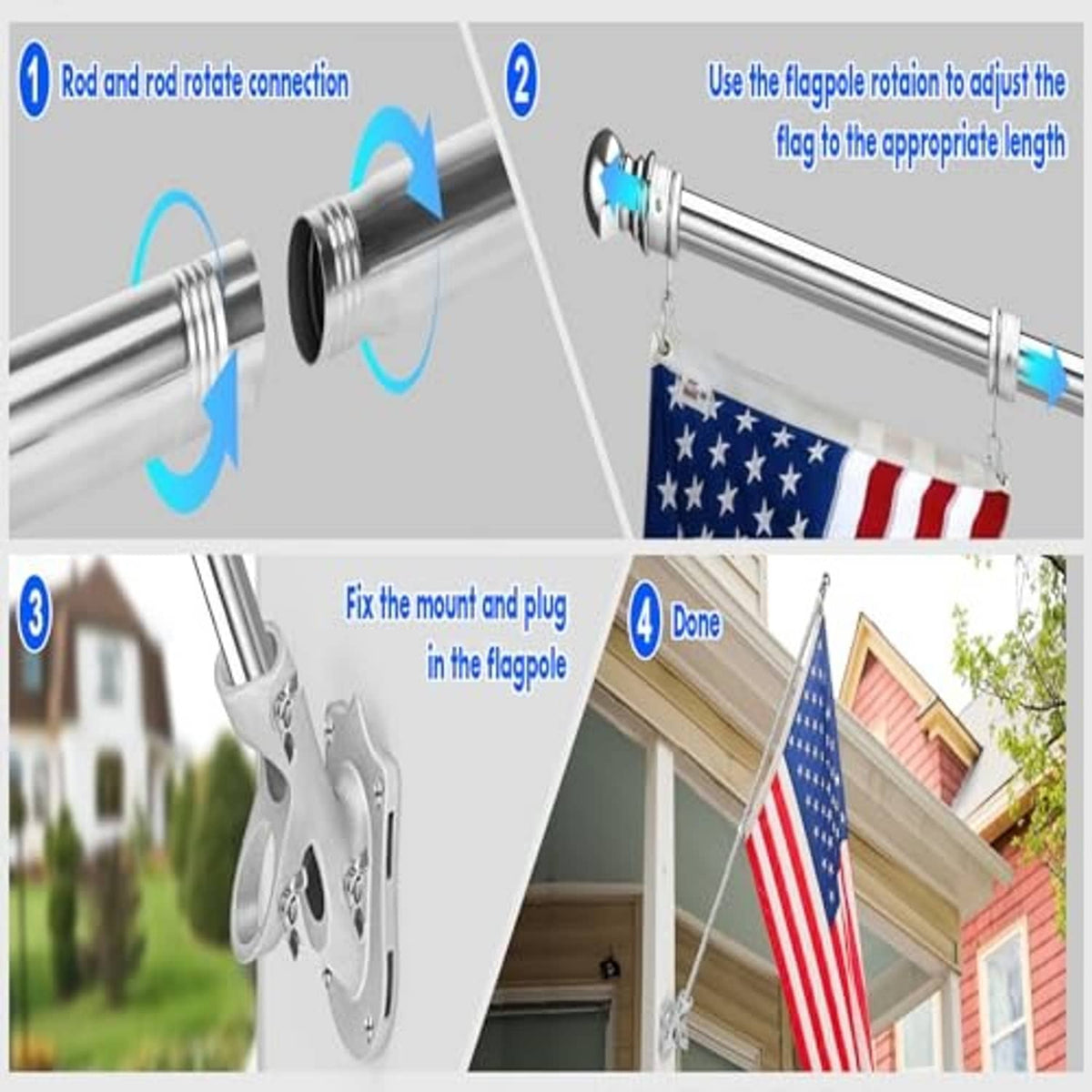Stainless steel flag pole kit showing pole connection, rotating rings, and mounting bracket