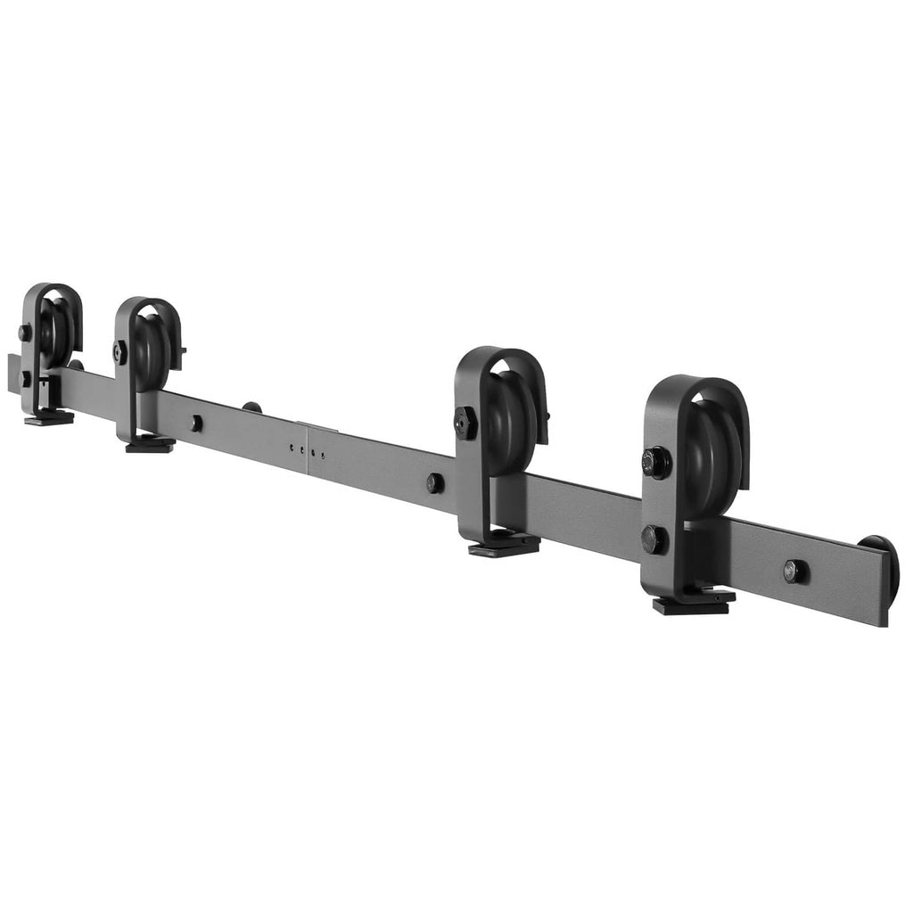 Black bi-fold sliding barn door hardware track with roller wheels and end brackets