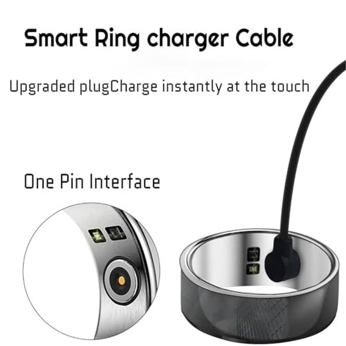 Magnetic smart ring charger cable with black USB plug and magnetic charging pin