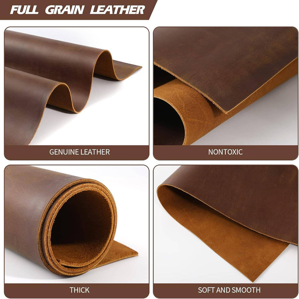 Full-grain leather sheet close-up with rolled edge and smooth flat surface