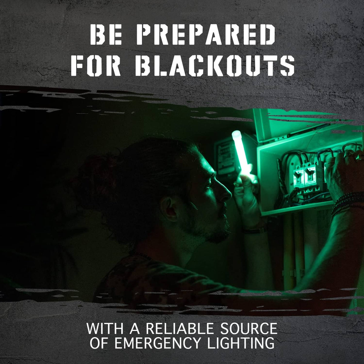 Green emergency glow stick held near a door area