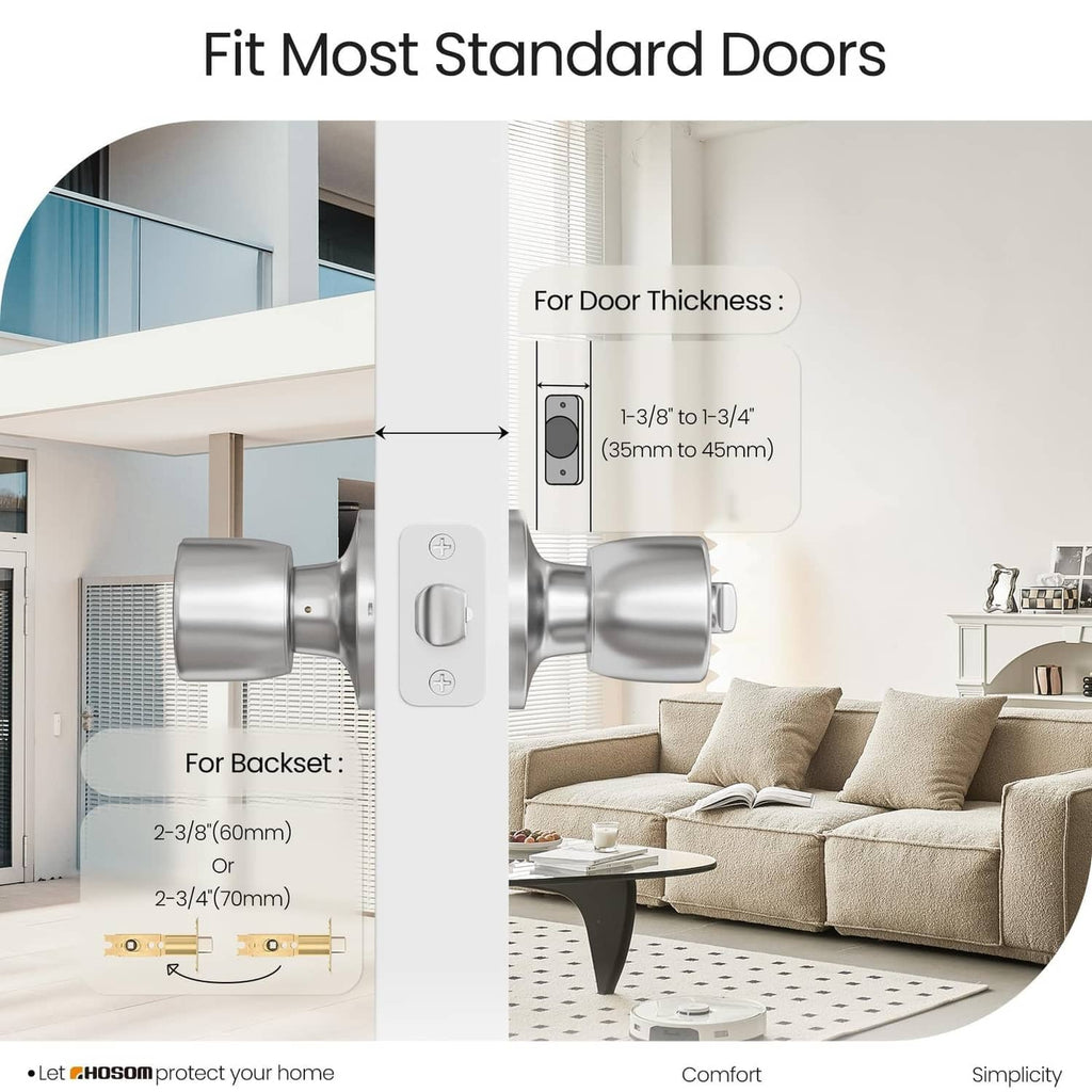 Door knob lock set with installation fit guidance for door thickness and backset ranges