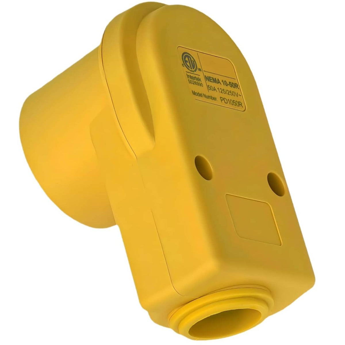 Industrial yellow NEMA 10-50R female receptacle side with certification marking and cable outlet