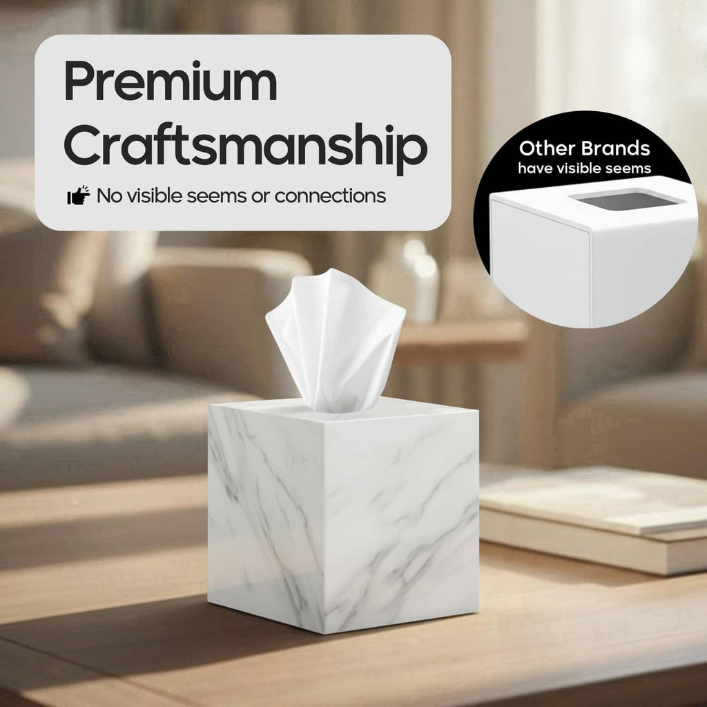 Square marble-pattern tissue box cover with tissue protruding from the top