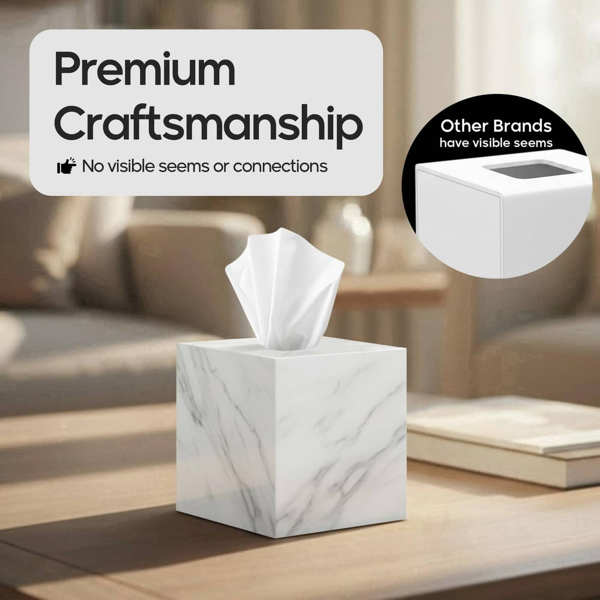 Square marble-pattern tissue box cover with tissue protruding from the top