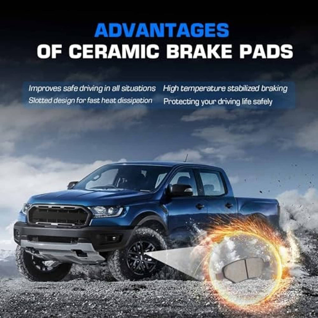 Ceramic brake pads shown with a vehicle braking splash scene