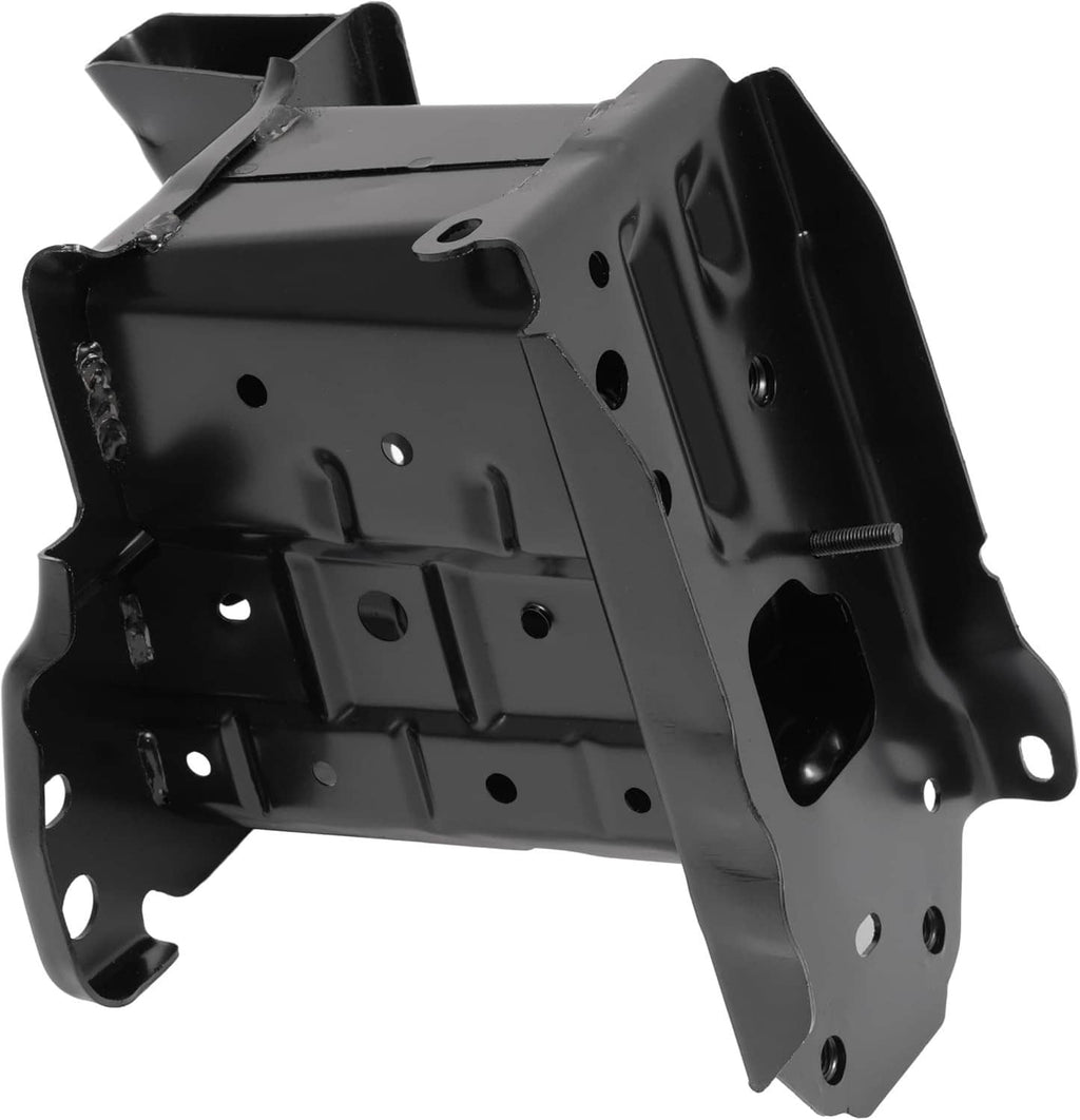 Front bumper reinforcement impact bracket, black metal support plate with tabs and bolt holes
