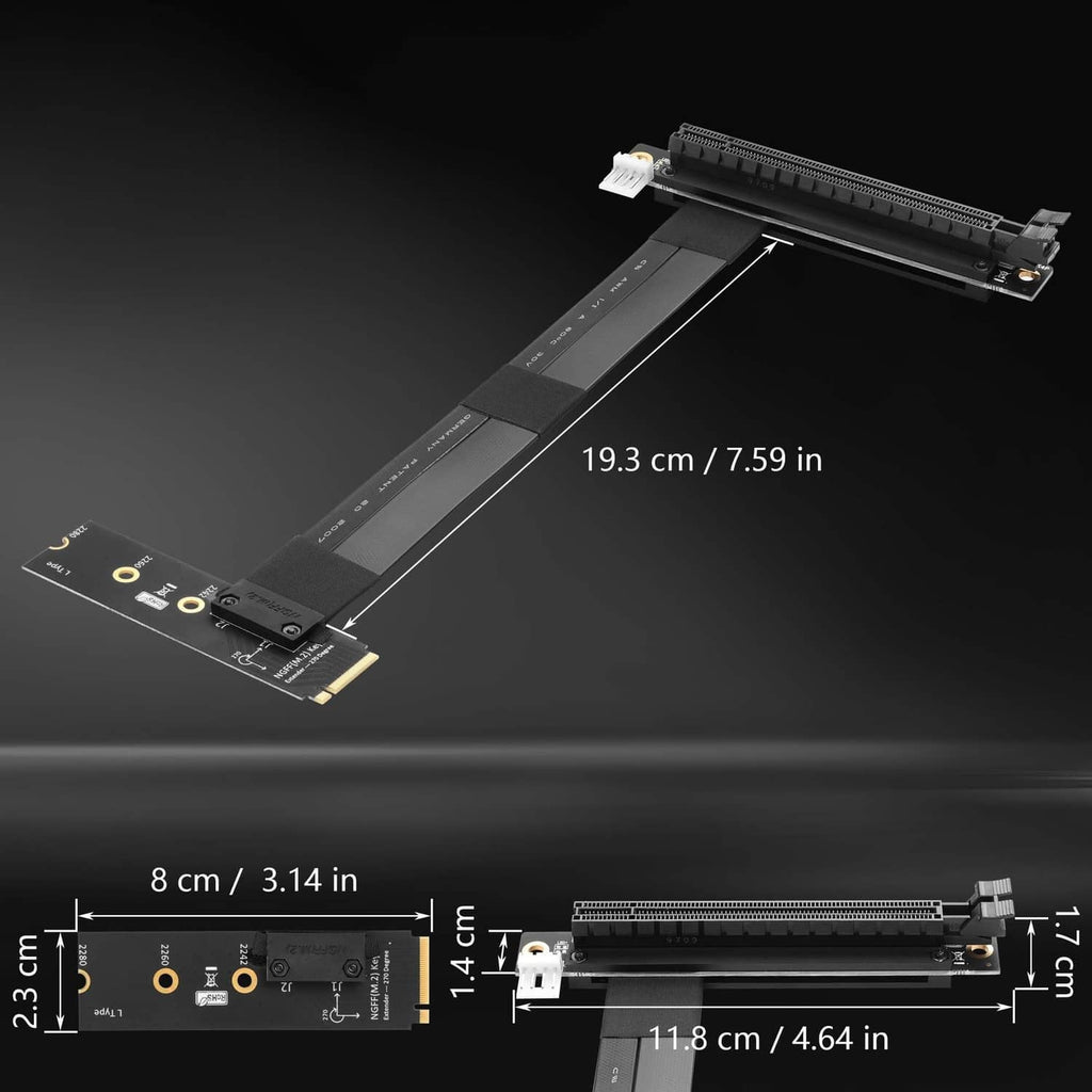 Black M.2 NGFF to PCIe x16 riser card with metal bracket and flexible ribbon cable
