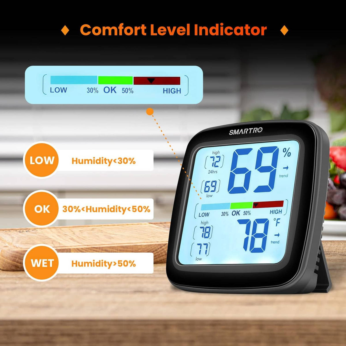 Black digital hygrometer with comfort indicator scale for low/OK/high humidity