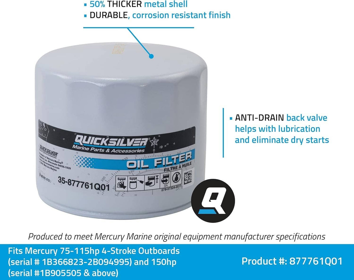 Marine oil filter canister with QuickSilver oil filter label and anti-drain back valve icon